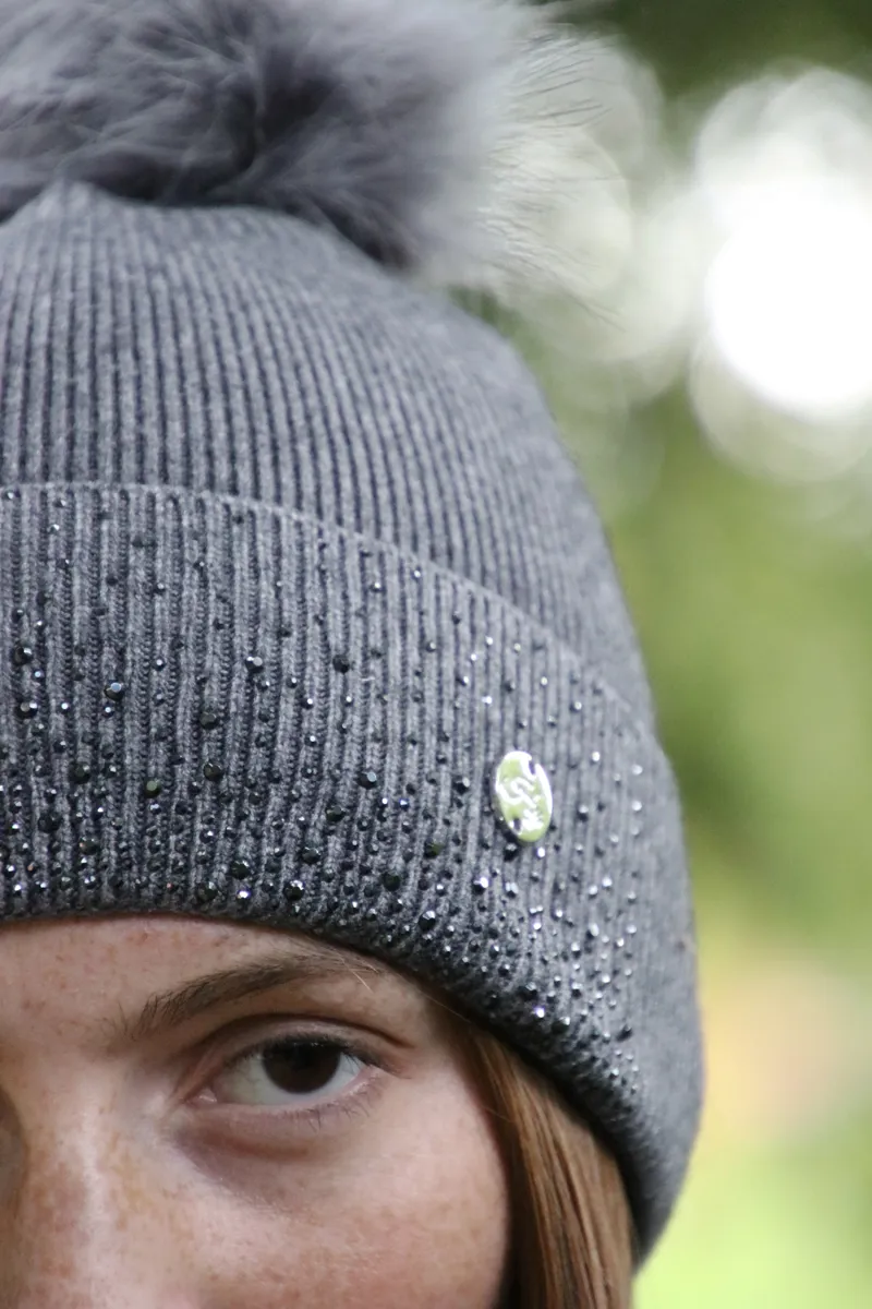 Hy Equestrian Alaska Diamante Bobble Hat - Grey/Black-4